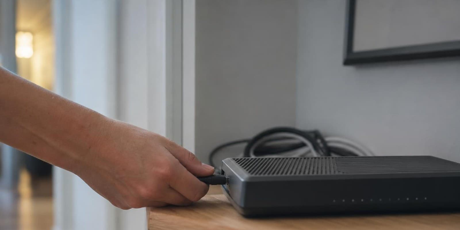 Eine Hand zieht den Netzstecker des Routers, dessen Leuchtanzeigen gerade erloeschen.