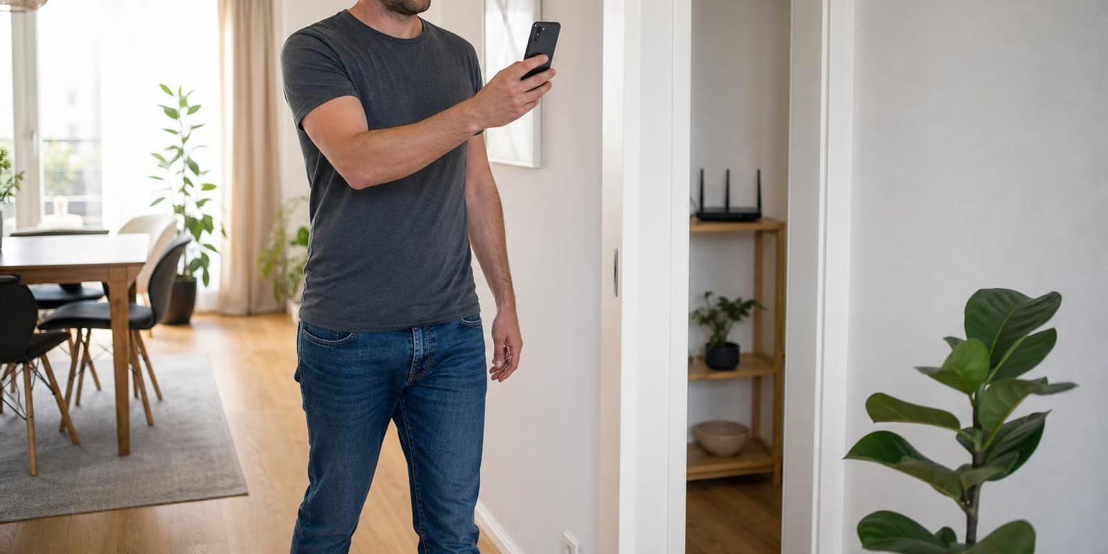 Mann geht mit dem Smartphone durch die Wohnung und prueft Raum fuer Raum das WLAN.
