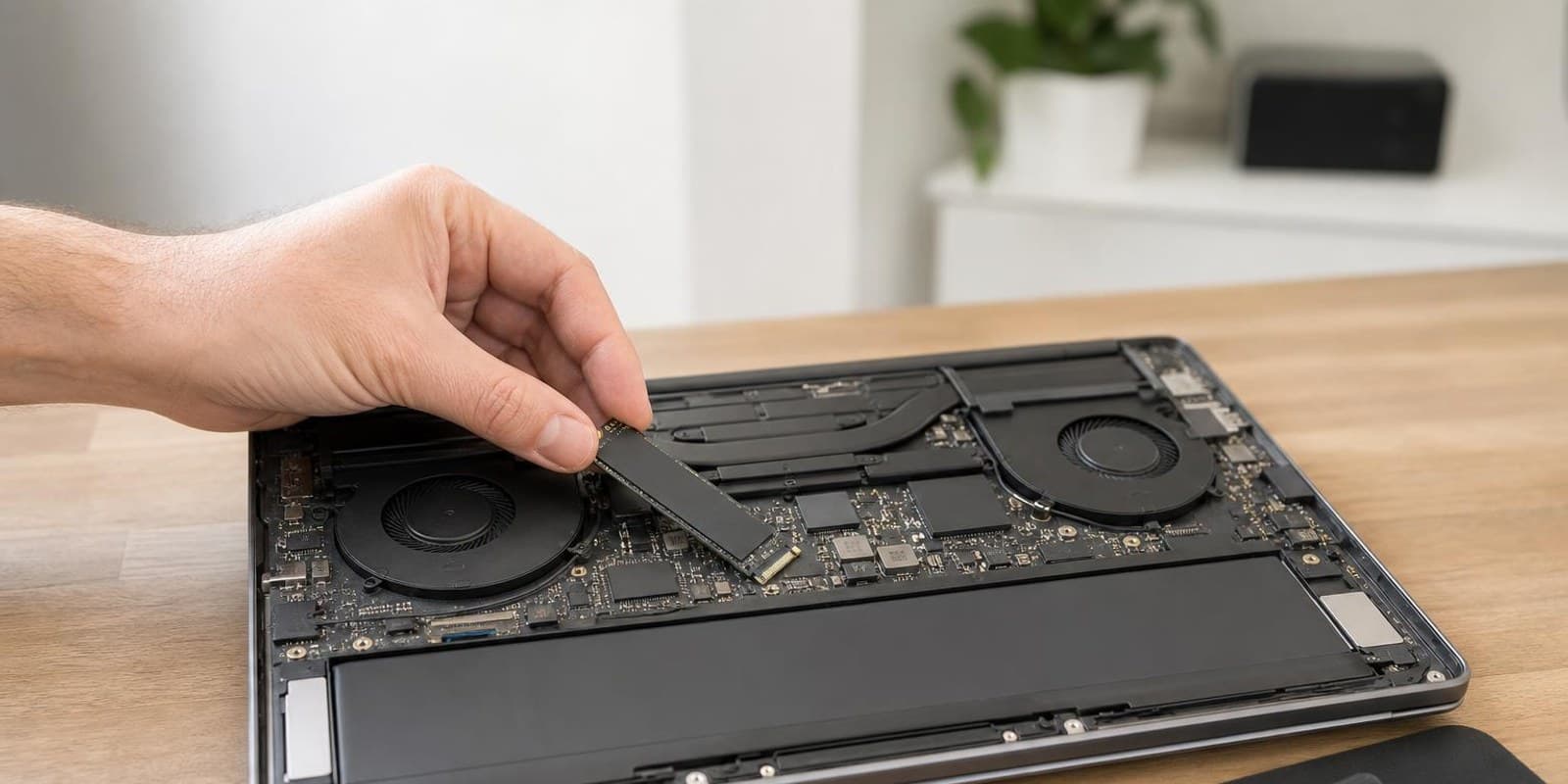 Geoeffneter Laptop von unten, eine Hand setzt eine SSD ein, daneben liegen RAM-Riegel und Schraubendreher.