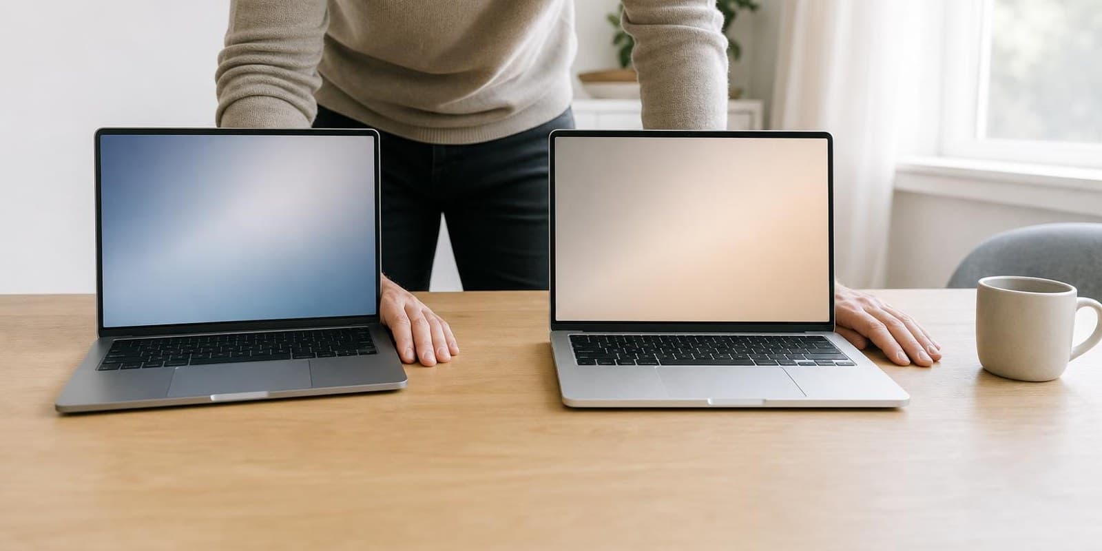 Zwei aufgeklappte Laptops stehen zum Vergleich nebeneinander, eine Person prueft beide.