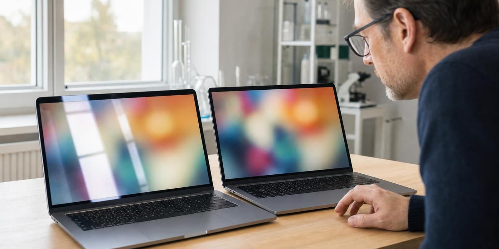 Zwei Laptops mit demselben Foto stehen am Fenster, ein Display spiegelt stark, das andere bleibt gut lesbar.