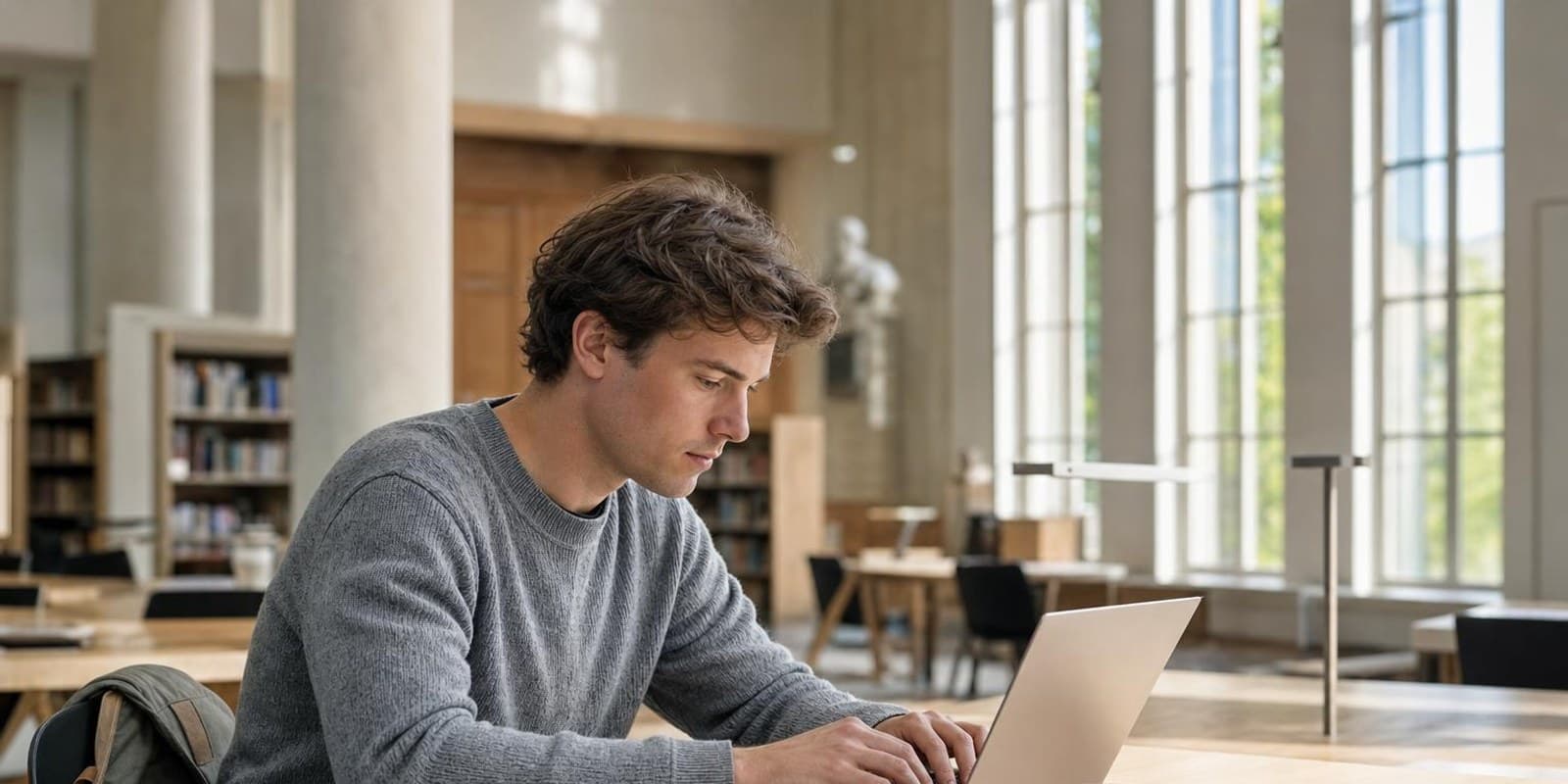 Eine Studentin arbeitet in der Bibliothek an einem leichten Laptop ohne Ladekabel, daneben Notizen und Kaffee.