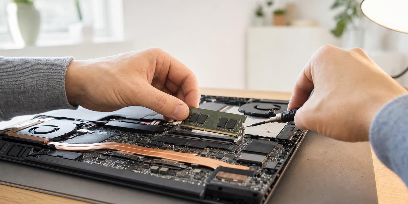 Haende setzen mit einem kleinen Schraubendreher einen RAM-Riegel in einen geoeffneten Laptop ein.