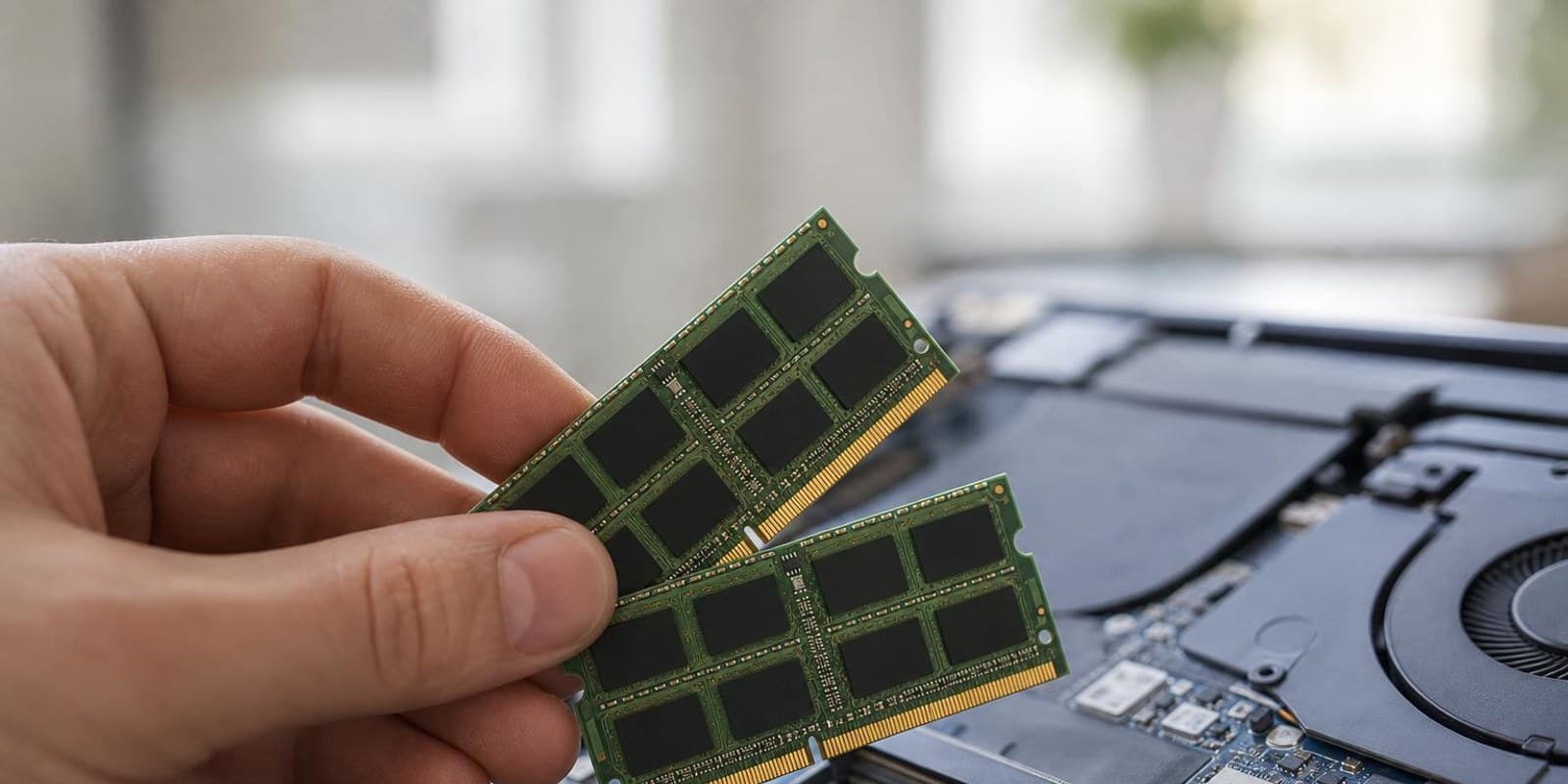 Eine Hand haelt zwei RAM-Riegel wie Spielkarten ueber die offenen Speicherslots eines Laptops.