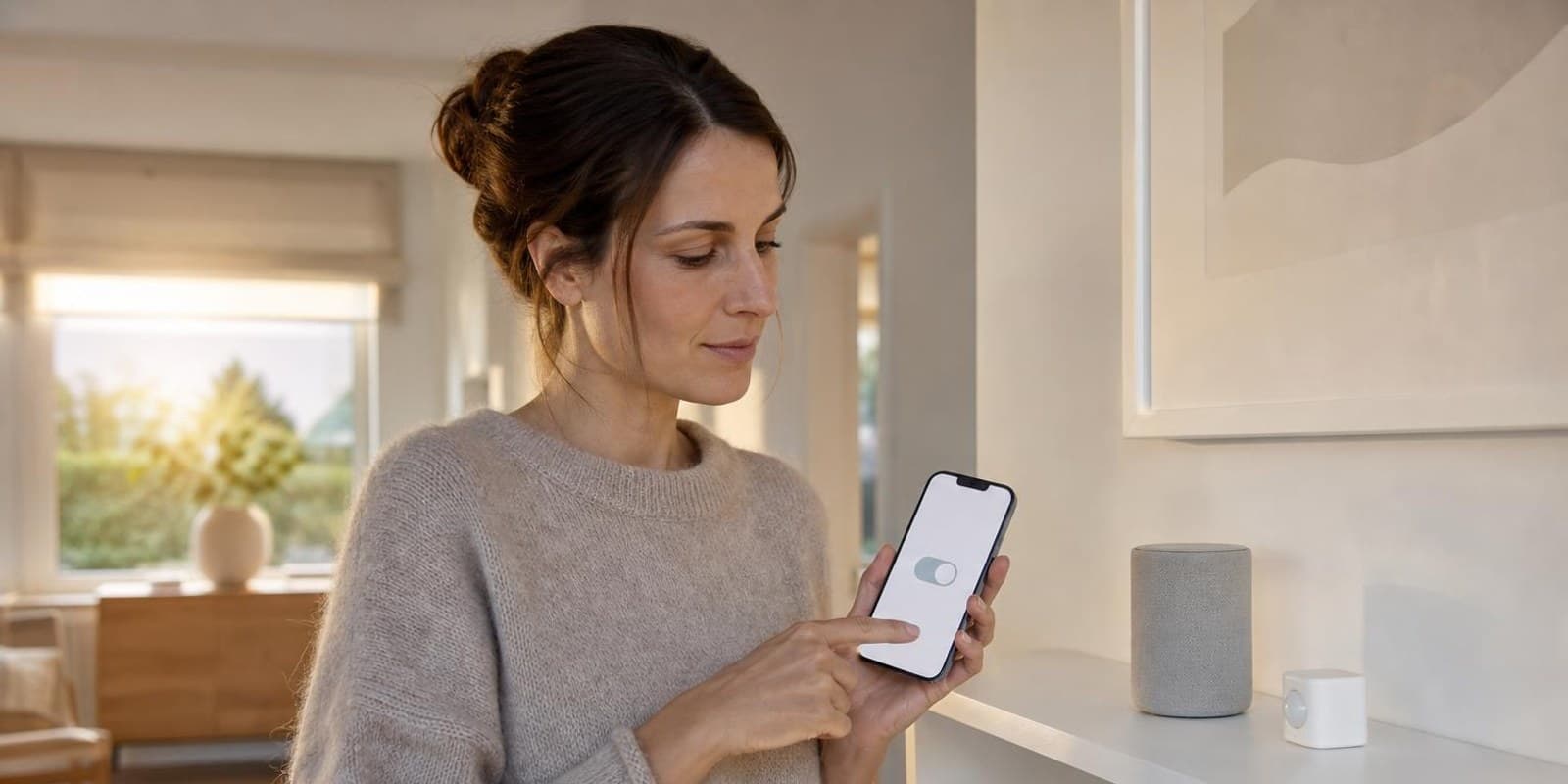 Frau prueft mit dem Smartphone nachdenklich die Einstellungen ihrer Smart-Home-Geraete.