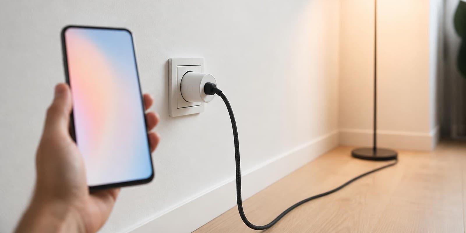 Smarte Steckdose mit eingestecktem Lampenkabel, daneben schaltet eine Hand die Lampe per Handy ein.