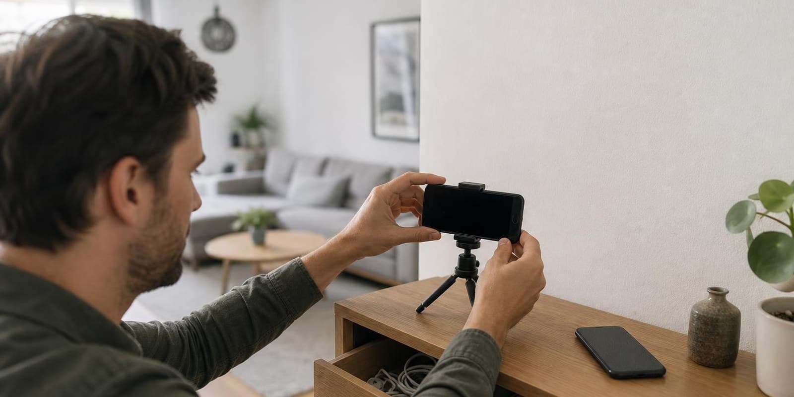 Aelteres Smartphone wird auf einem Mini-Stativ als Kamera im Regal eingerichtet.