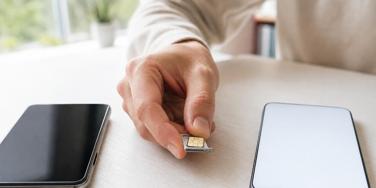 Hand haelt einen SIM-Schlitten mit winziger Karte neben zwei Smartphones auf dem Schreibtisch.