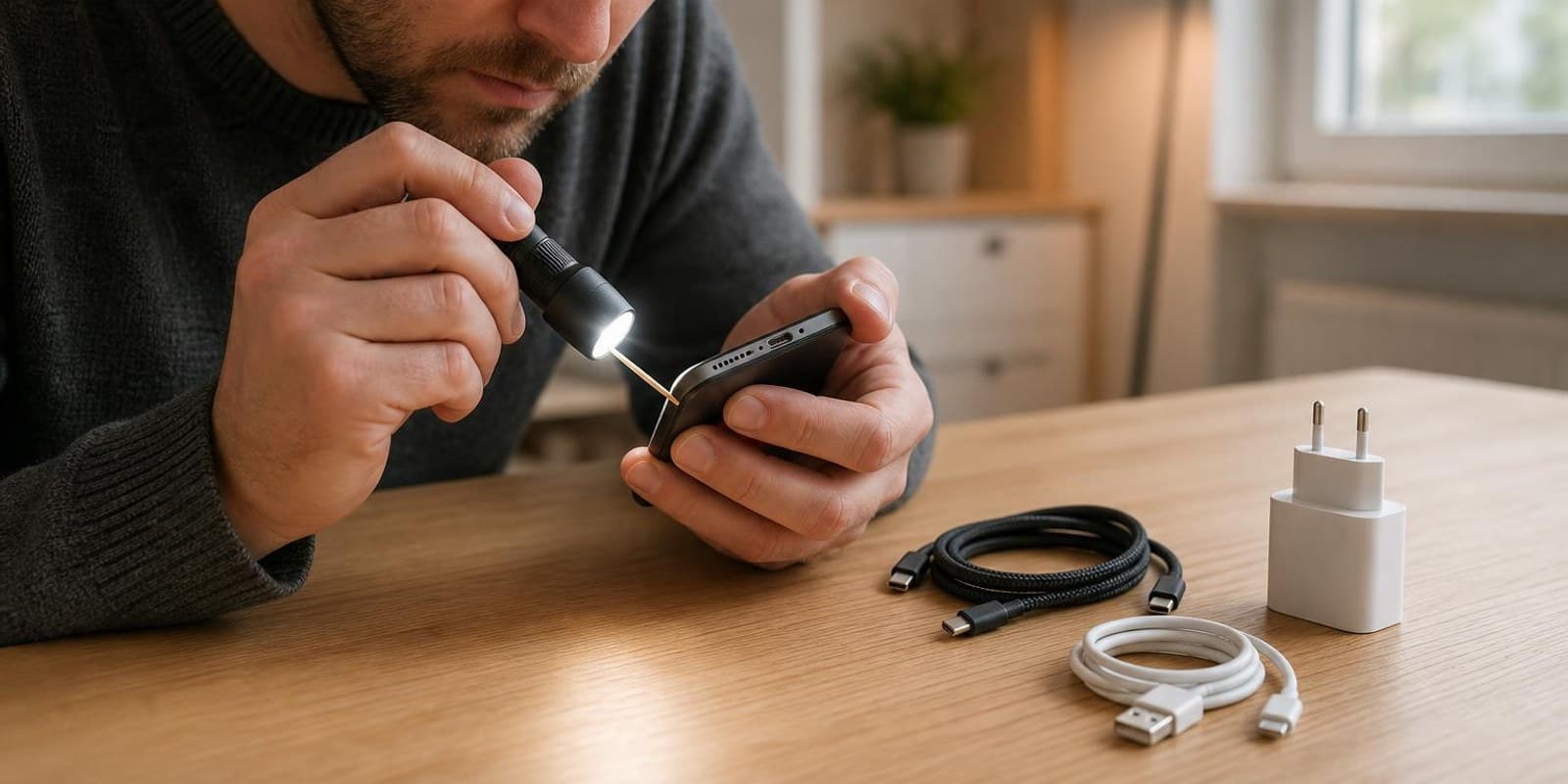 Person leuchtet mit einer kleinen Lampe in die Ladebuchse eines Smartphones, daneben liegen Kabel zum Testen.