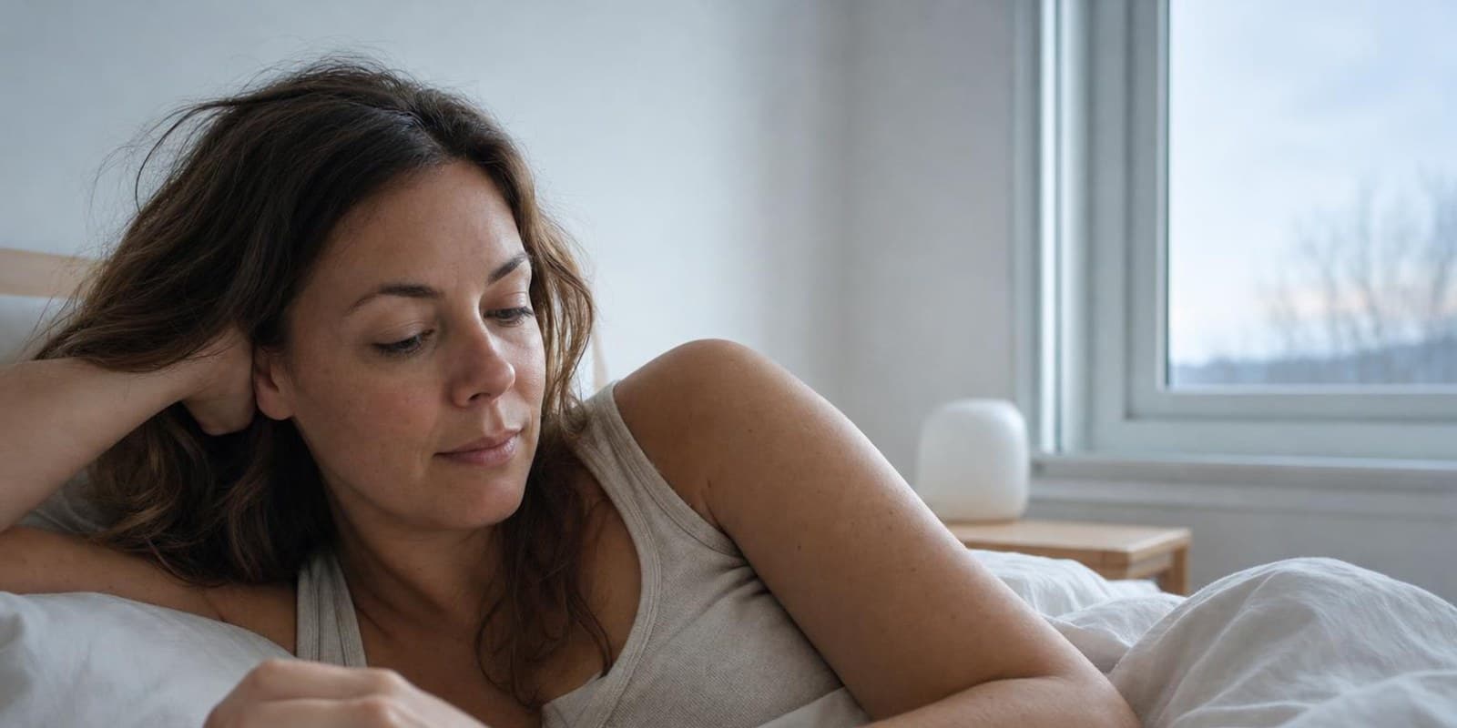 Eine Frau schaut morgens im Bett auf ihre Smartwatch, deren Display eine unscharfe Kurve zeigt.