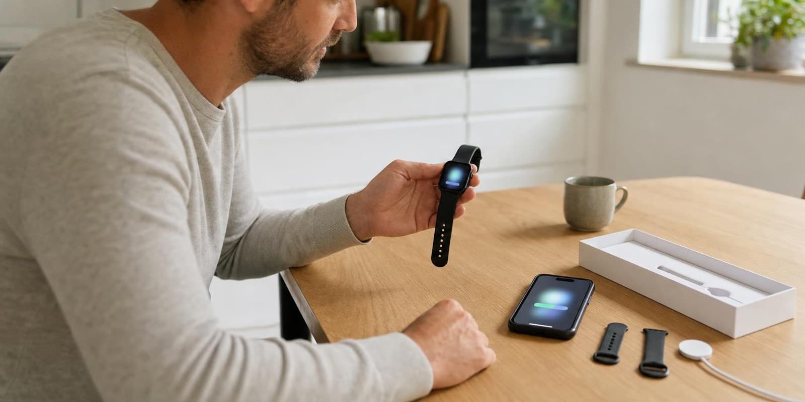 Ein Mann koppelt am Kuechentisch eine neue Smartwatch mit seinem Smartphone, daneben die geoeffnete Verpackung.