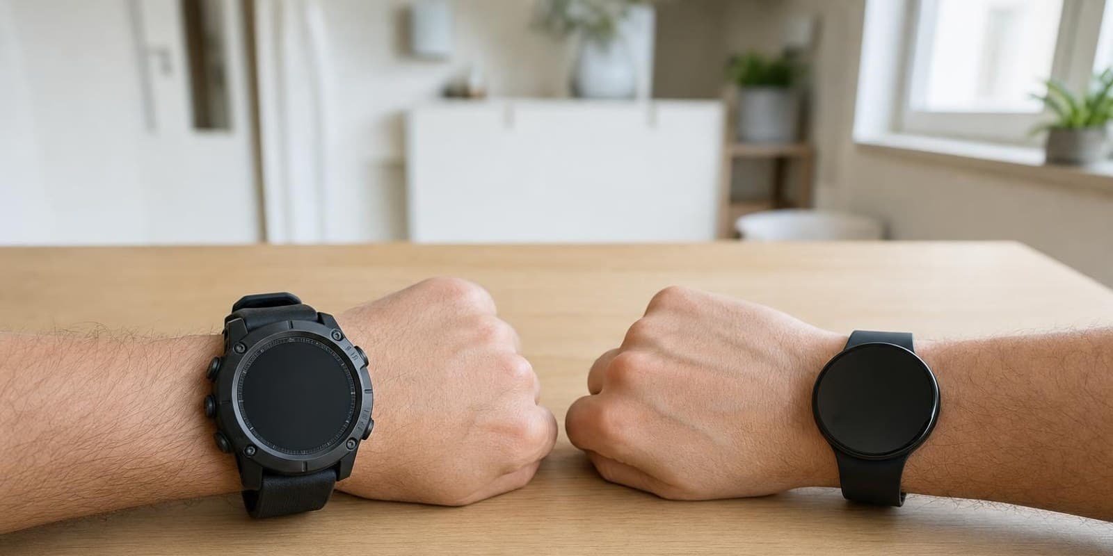 Zwei Handgelenke nebeneinander: eines mit robuster Sportuhr mit Knoepfen, eines mit eleganter Touch-Smartwatch.