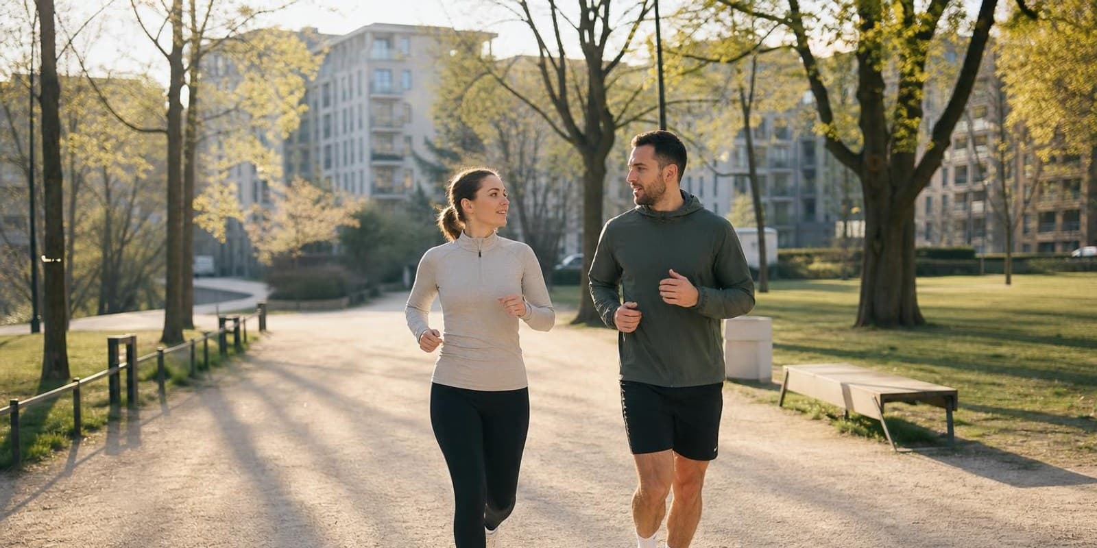 Zwei Laeufer joggen im lockeren Tempo nebeneinander durch den Park und unterhalten sich dabei.