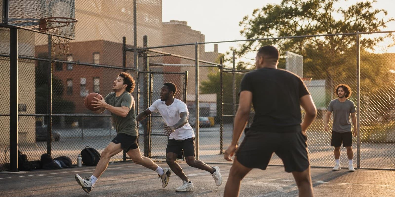Streetball-Spiel am Abend auf einem umzaeunten Asphaltplatz mit Kettennetzen.