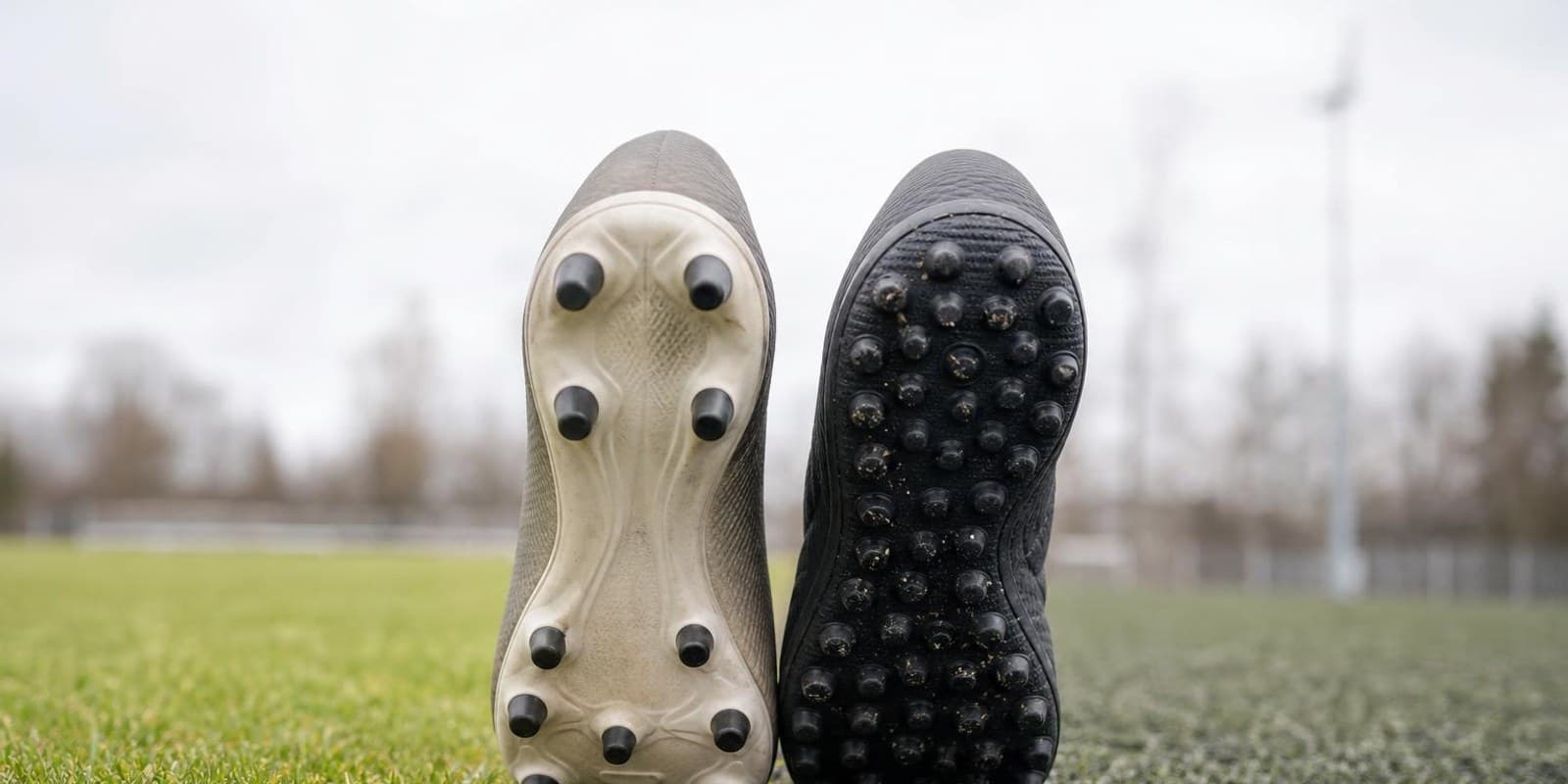 Zwei Fussballschuhe mit unterschiedlichen Sohlen stehen auf der Grenze zwischen Rasen und Kunstrasen.