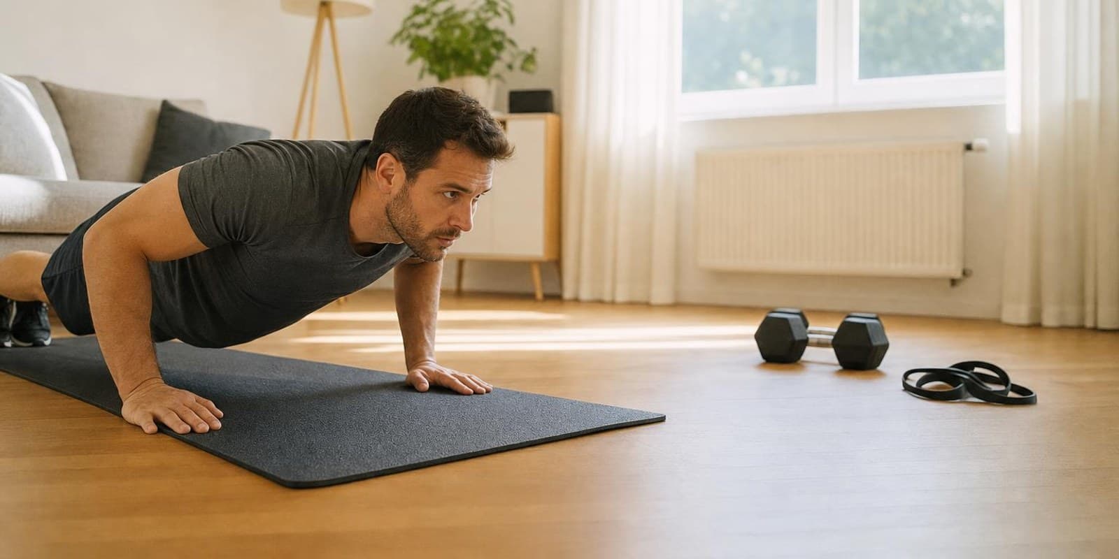 Ein Mann macht Liegestuetze auf einer Matte im Wohnzimmer, daneben liegen Kurzhanteln und ein Fitnessband.