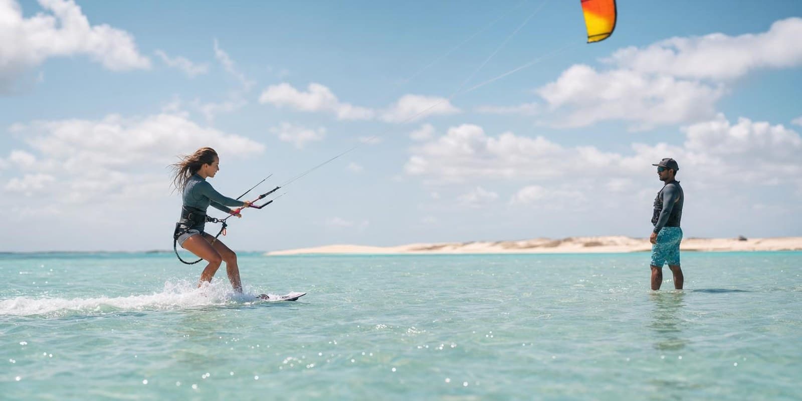 Ein Kite-Anfaenger faehrt durch flaches tuerkises Wasser, waehrend ein Lehrer in der Naehe zusieht.