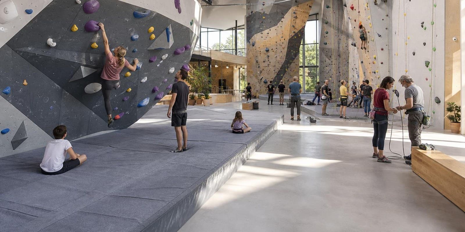 Moderne Kletterhalle mit Boulderbereich vorn und hohen Seilwaenden dahinter.