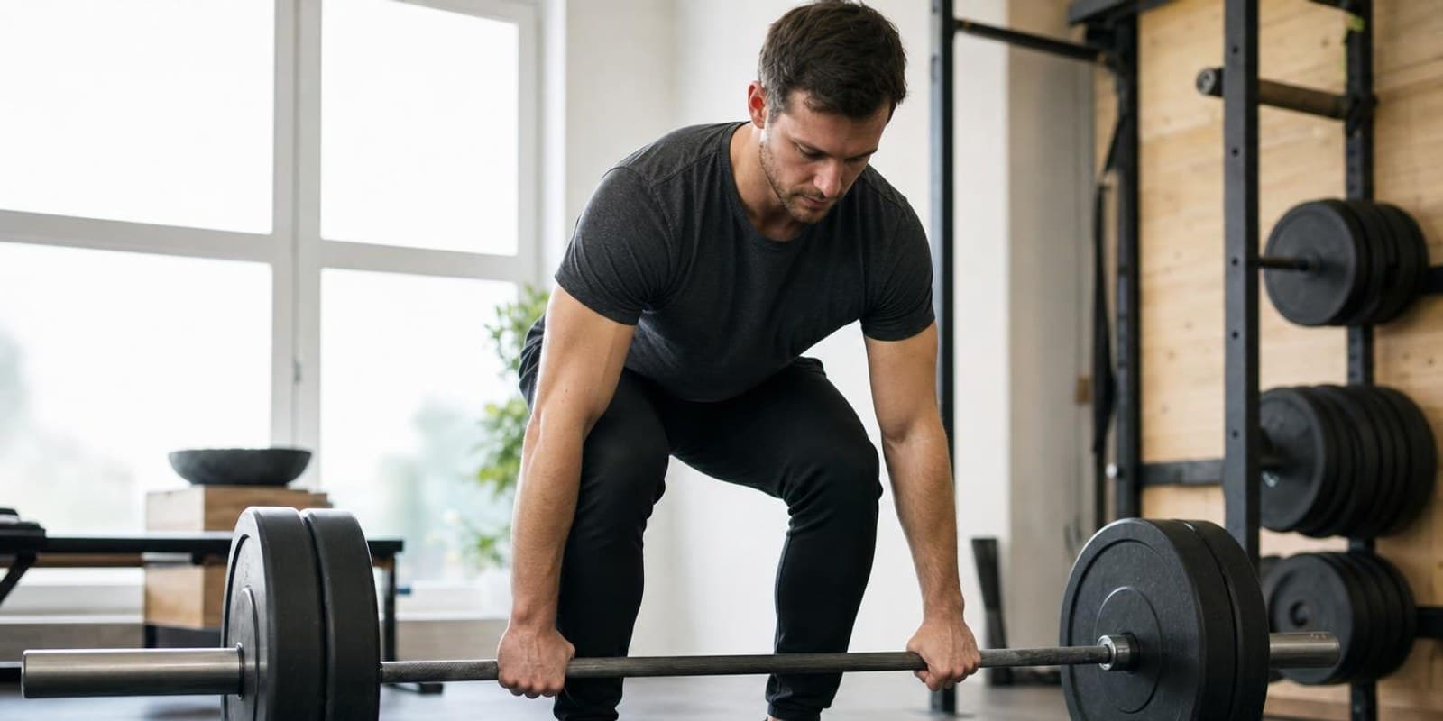 Ein Einsteiger greift im Fitnessstudio konzentriert eine Langhantel fuer den Kreuzheben-Ansatz.