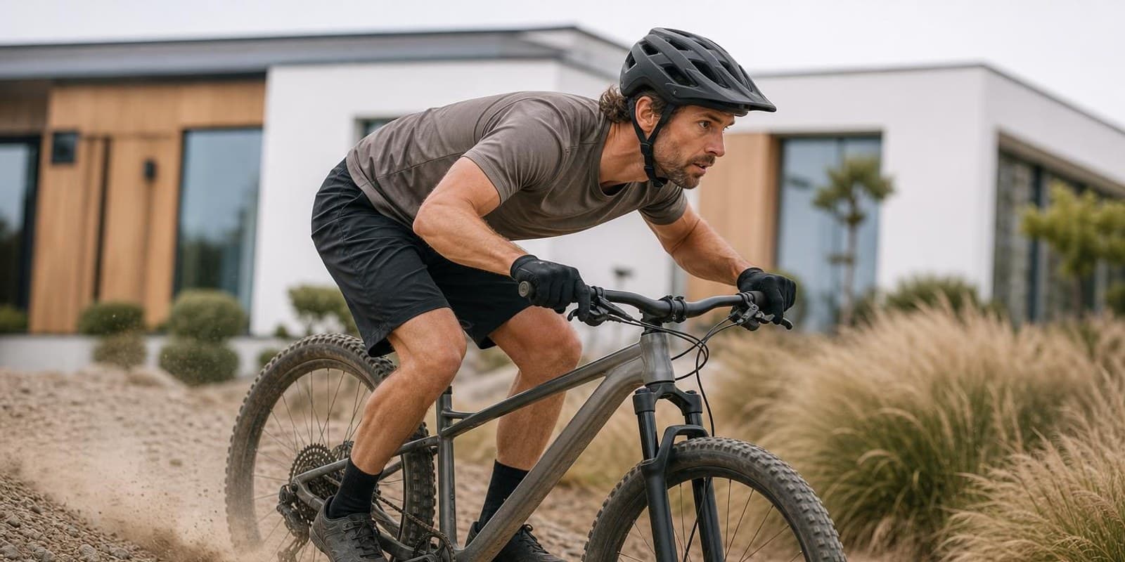 Mountainbiker faehrt in sauberer Grundposition mit tiefem Koerperschwerpunkt einen leichten Trail hinab.