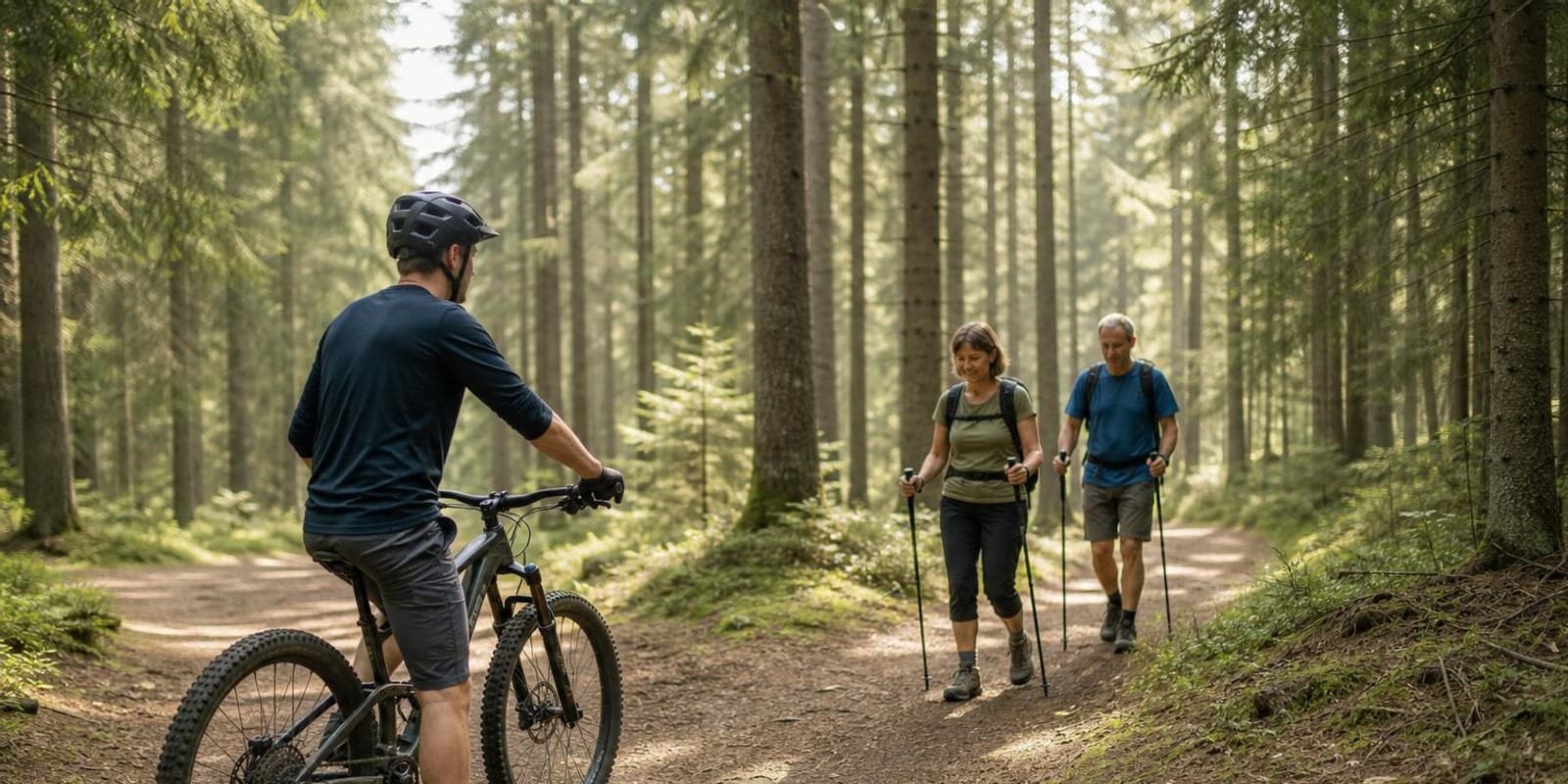 Mountainbiker haelt an einer Wegkreuzung im Wald an und laesst zwei Wanderer passieren.