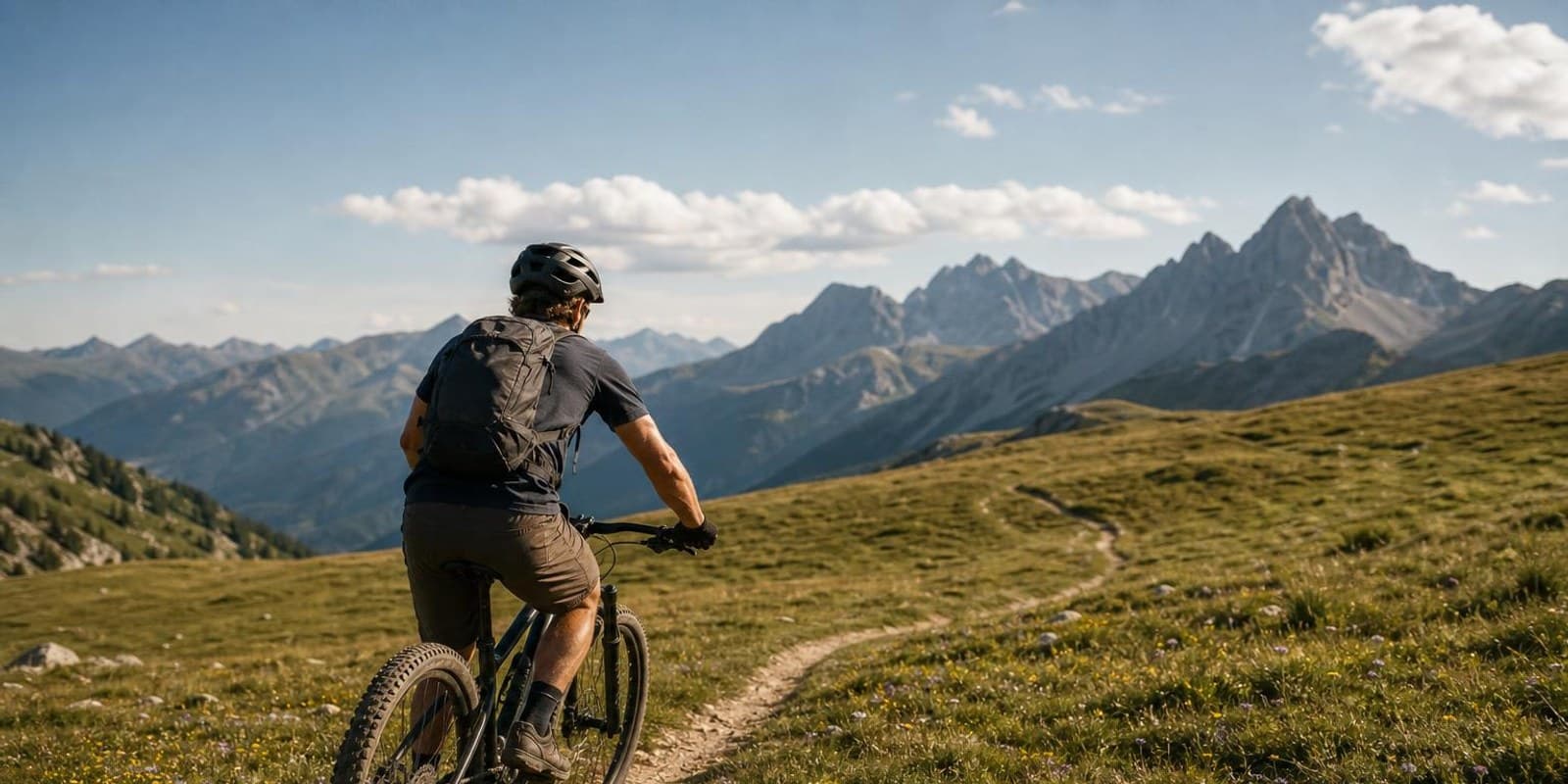 Mountainbiker faehrt auf einem flowigen Trail durch eine Almwiese vor Bergpanorama.