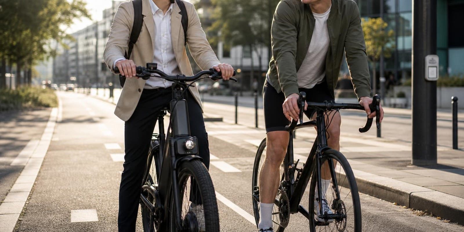 Zwei Pendler warten nebeneinander an der Ampel, einer auf dem E-Bike, einer auf dem normalen Rad.