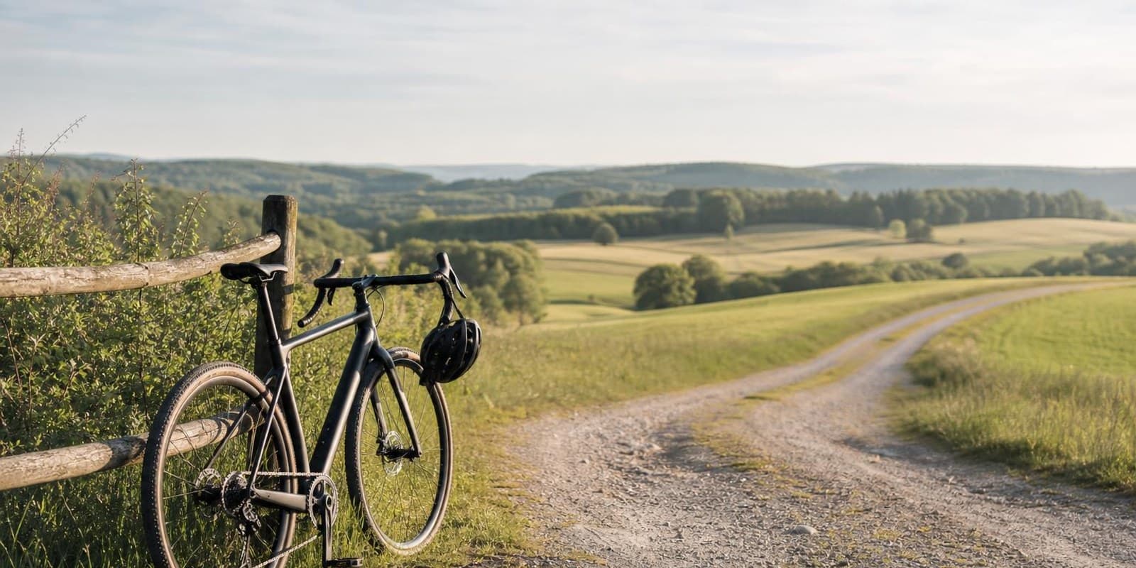 Gravelbike lehnt am Zaun an der Stelle, wo die Strasse in einen Feldweg uebergeht.