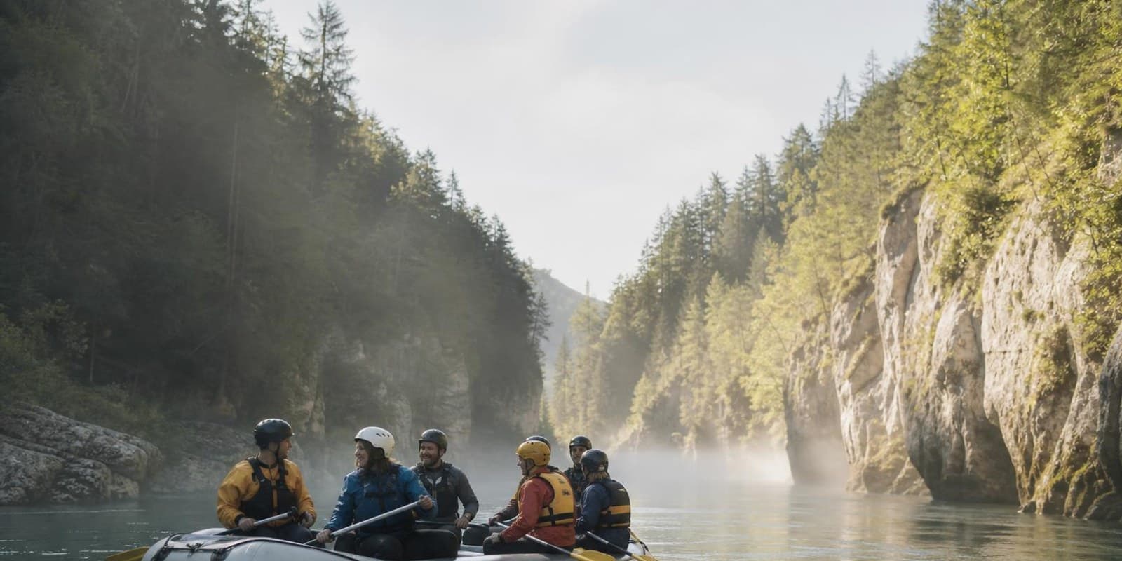 Raft treibt auf smaragdgruenem Alpenfluss zwischen Kalkfelsen und Nadelwald.