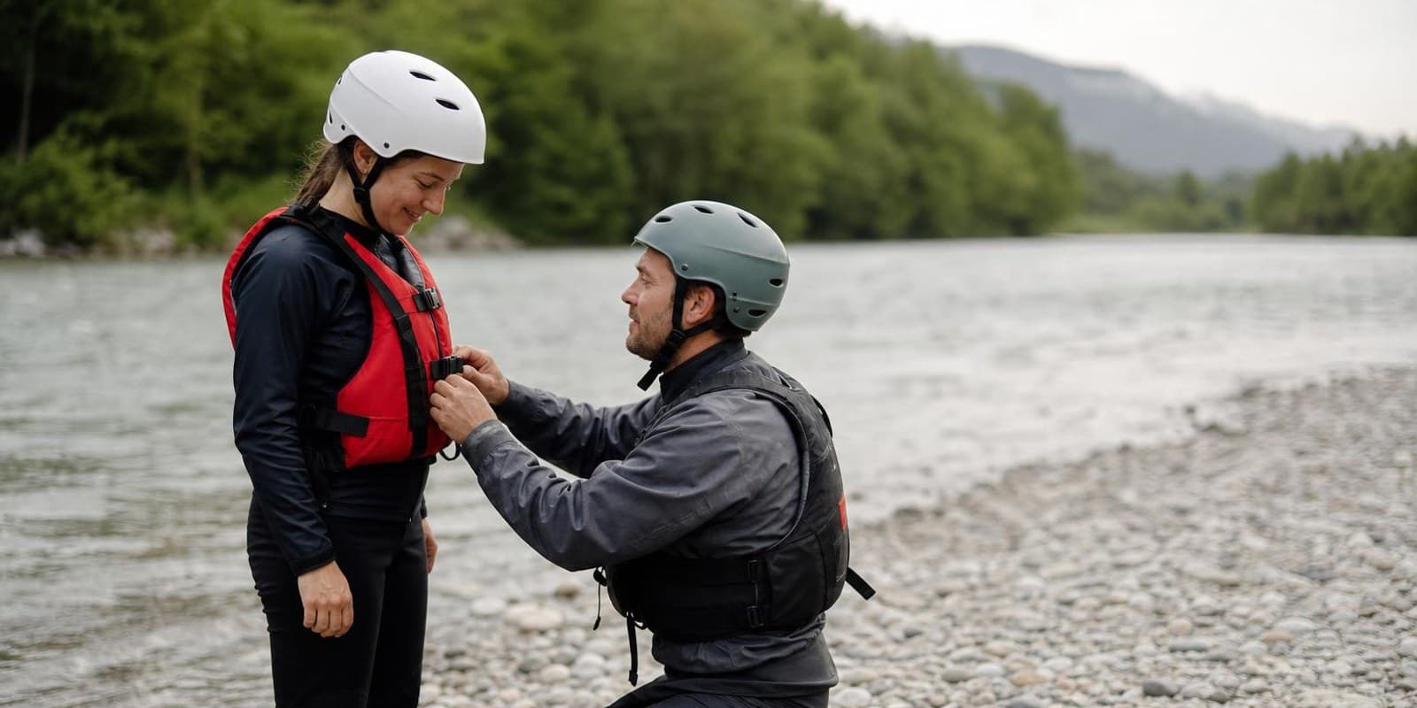 Guide zieht am Flussufer die Gurte einer Schwimmweste fest, daneben liegt ein Wurfsack bereit.