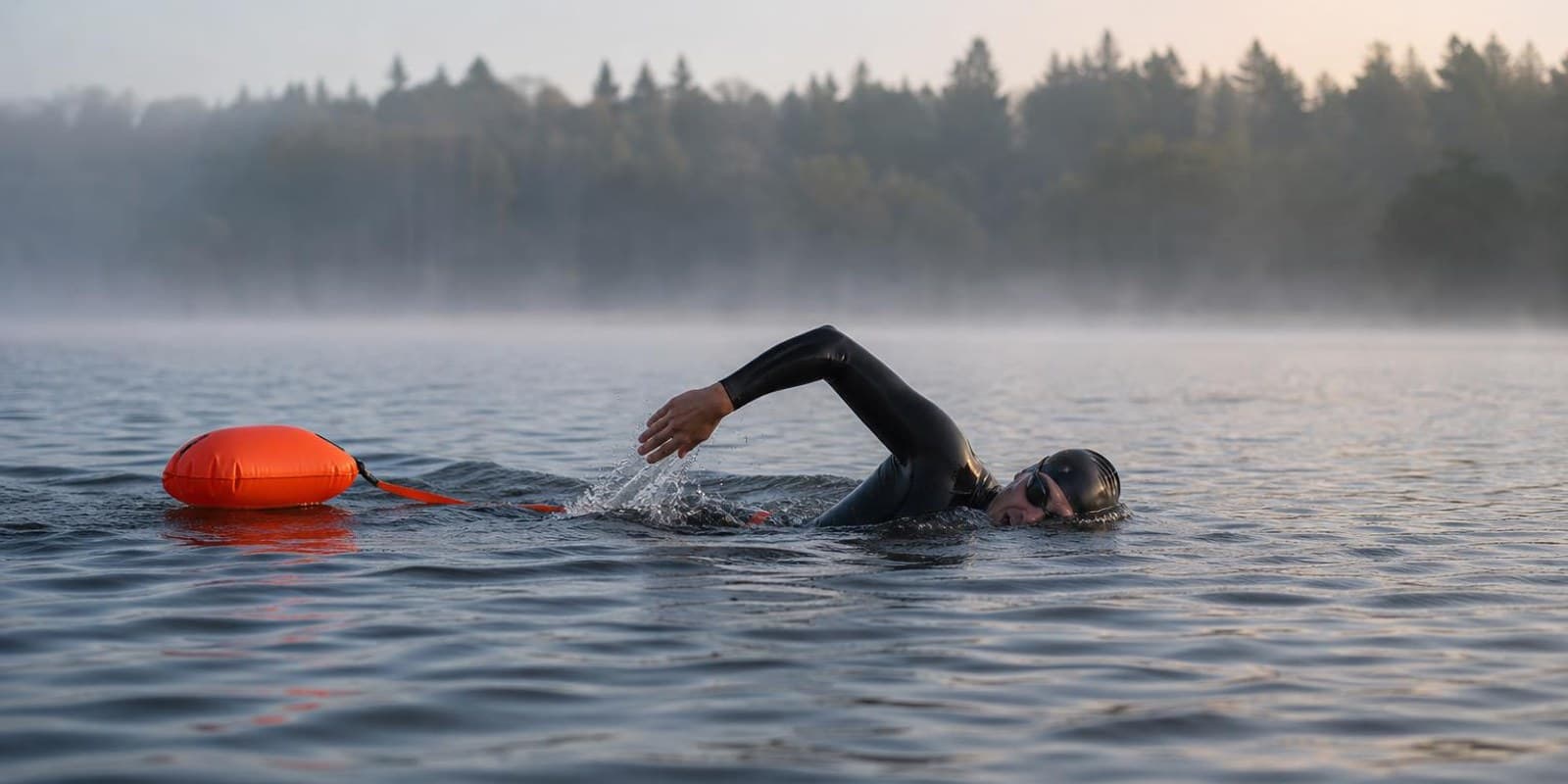 Freiwasserschwimmerin zieht mit oranger Sicherheitsboje durch einen nebligen See.