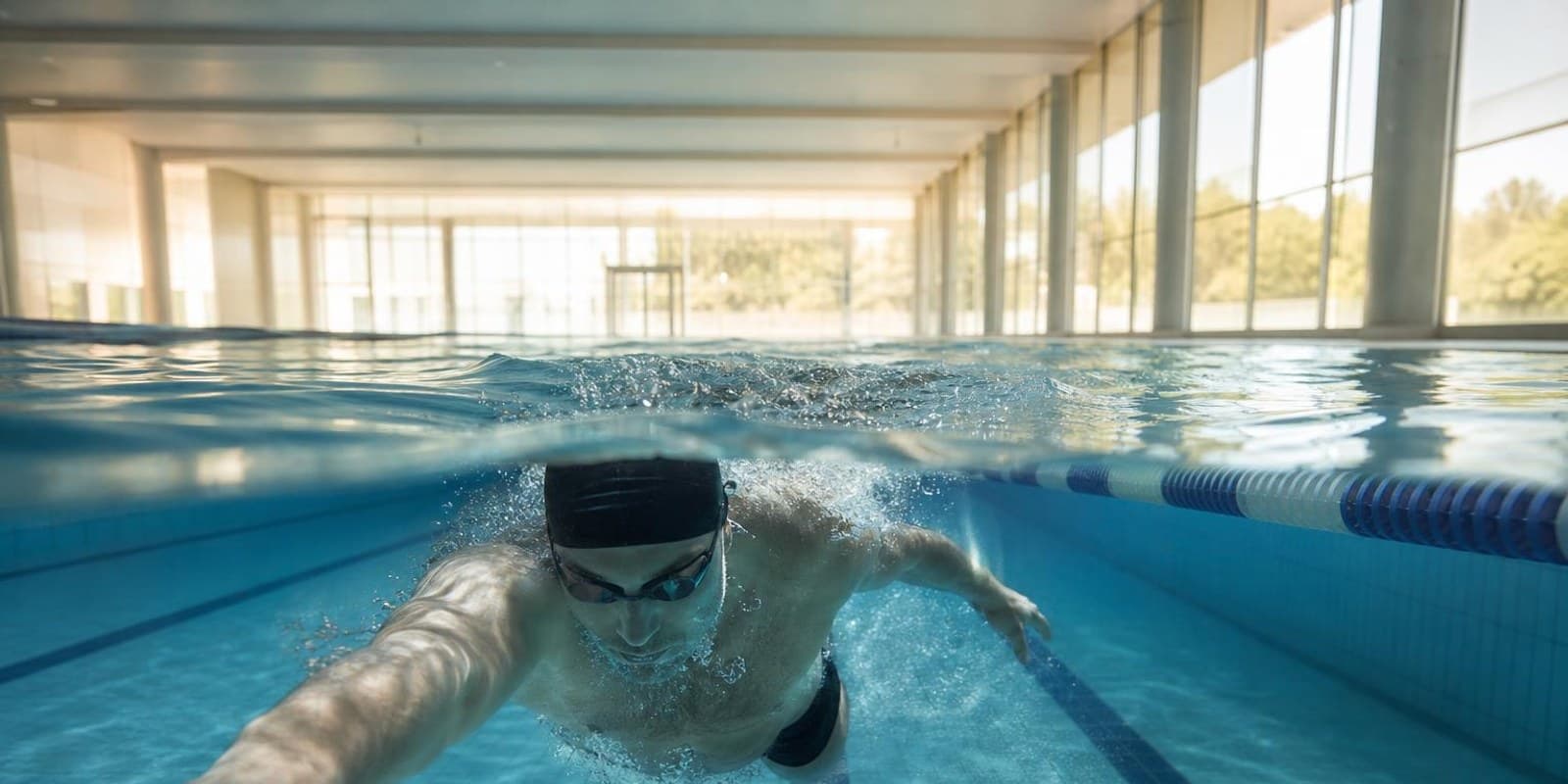 Schwimmer gleitet in seiner Bahn durch klares Wasser eines Sportbeckens.