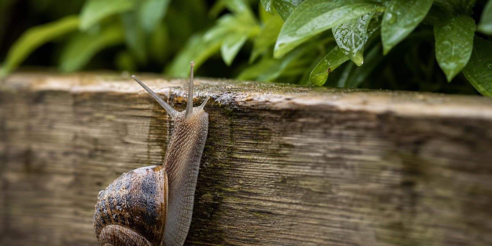 Eine Schnecke kriecht an der Aussenwand eines Hochbeets nach oben, ueber dem Rand haengen Blaetter.