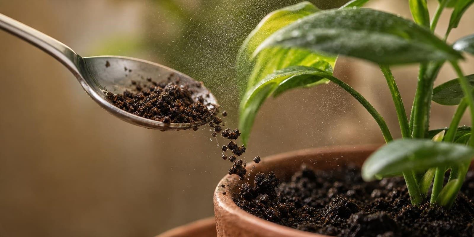 Kaffeesatz wird von einem Loeffel auf die Erde einer Zimmerpflanze gekippt, darueber schwebt Spruehnebel.