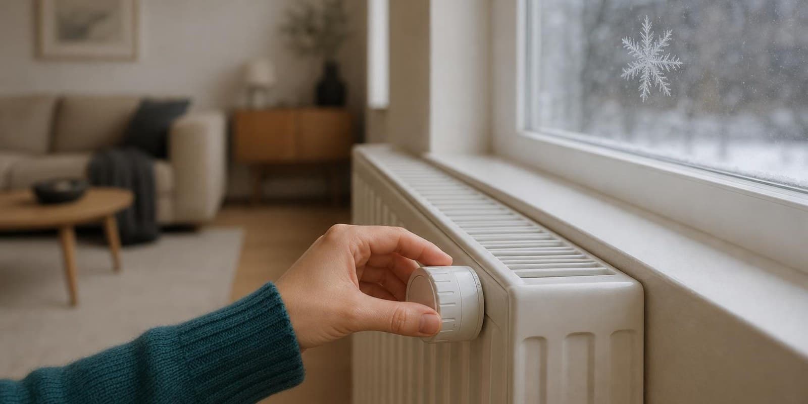 Illustration: Figur dreht in einer Wohnung das grosse Thermostatrad eines Heizkoerpers.