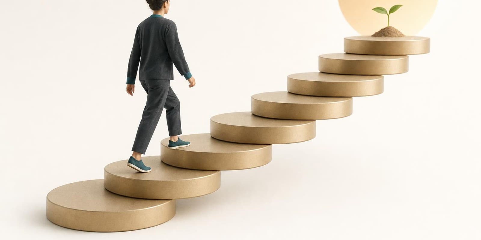 Illustration: Eine Person steigt eine sanft ansteigende Treppe aus Muenzen hinauf, auf der obersten waechst ein Setzling.