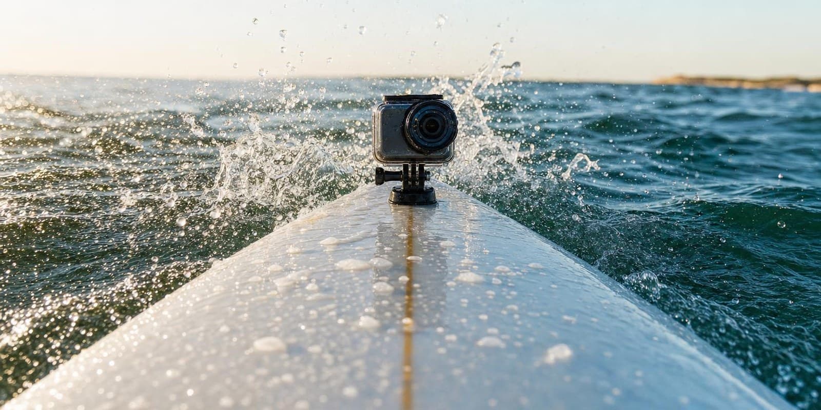 Eine Actionkamera auf einer Boardspitze rast durch Gischt, Wassertropfen perlen von der Linse ab.