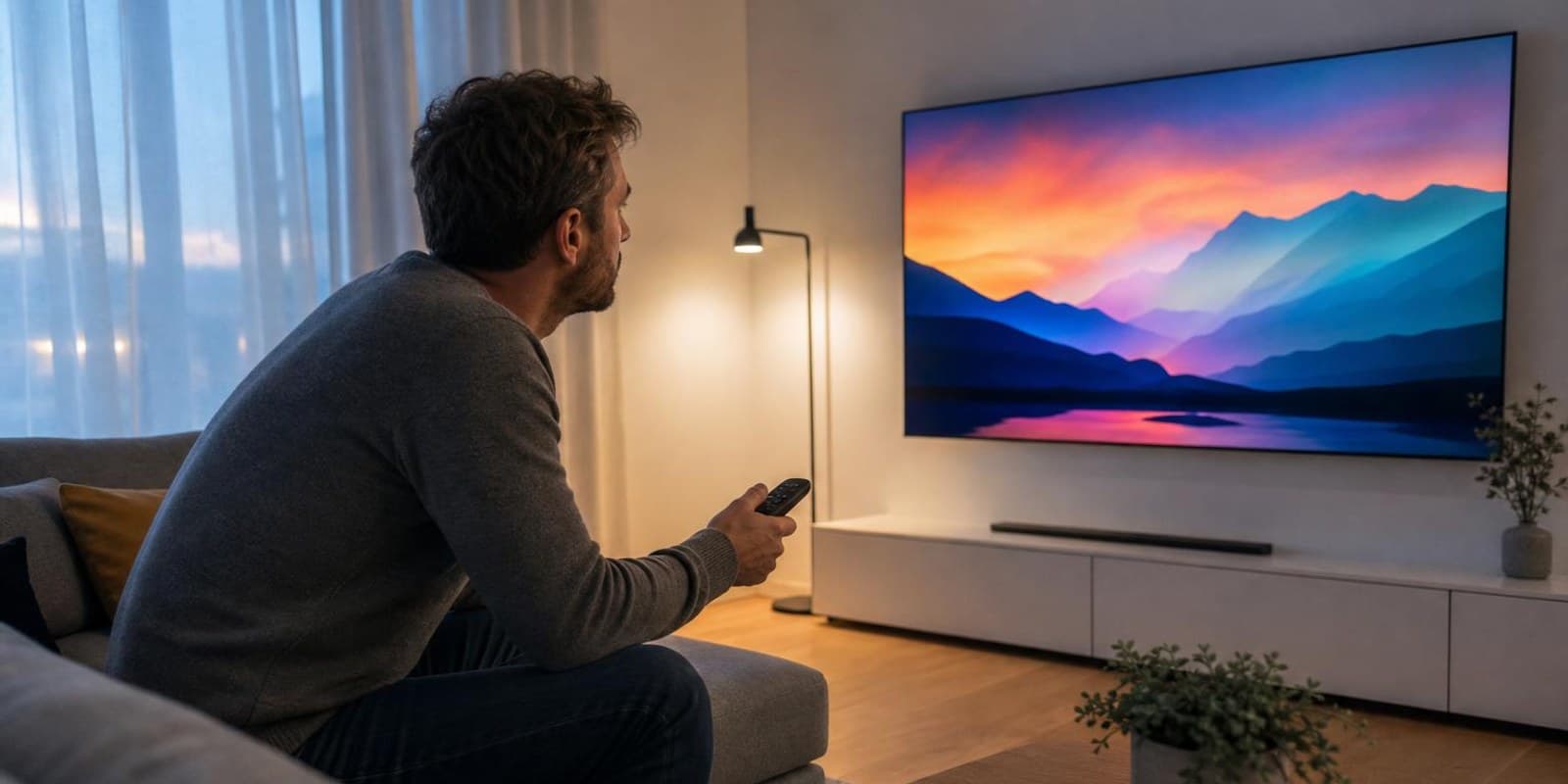 Mann justiert mit der Fernbedienung das Bild seines grossen Fernsehers im Wohnzimmer.