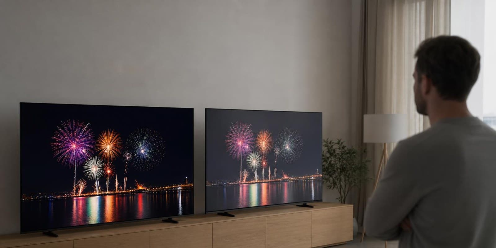 Zwei Fernseher zeigen im dunklen Raum dasselbe Bild mit sichtbar unterschiedlichem Schwarz.