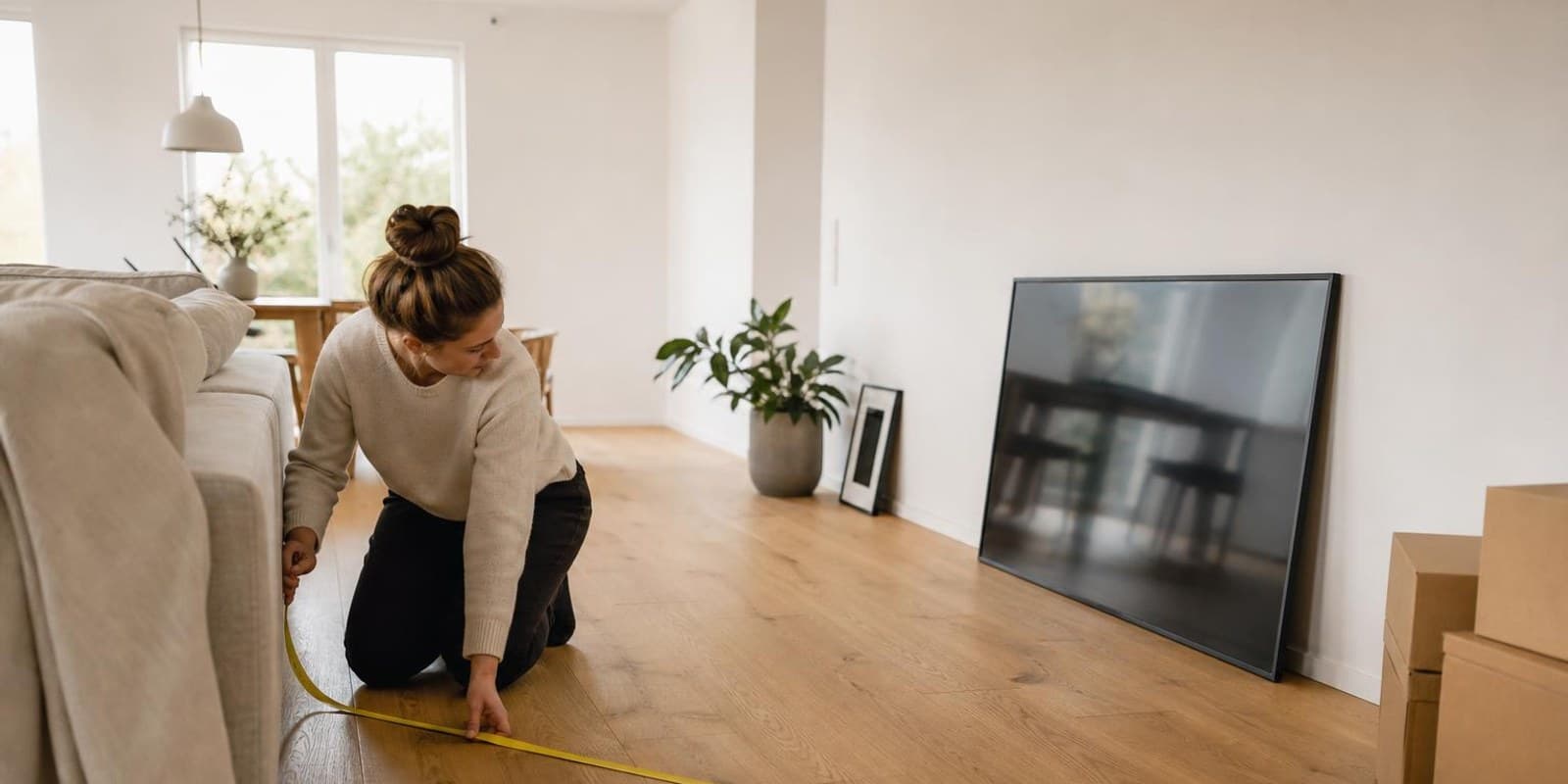 Frau misst mit dem Massband den Abstand zwischen Sofa und Fernsehwand aus.