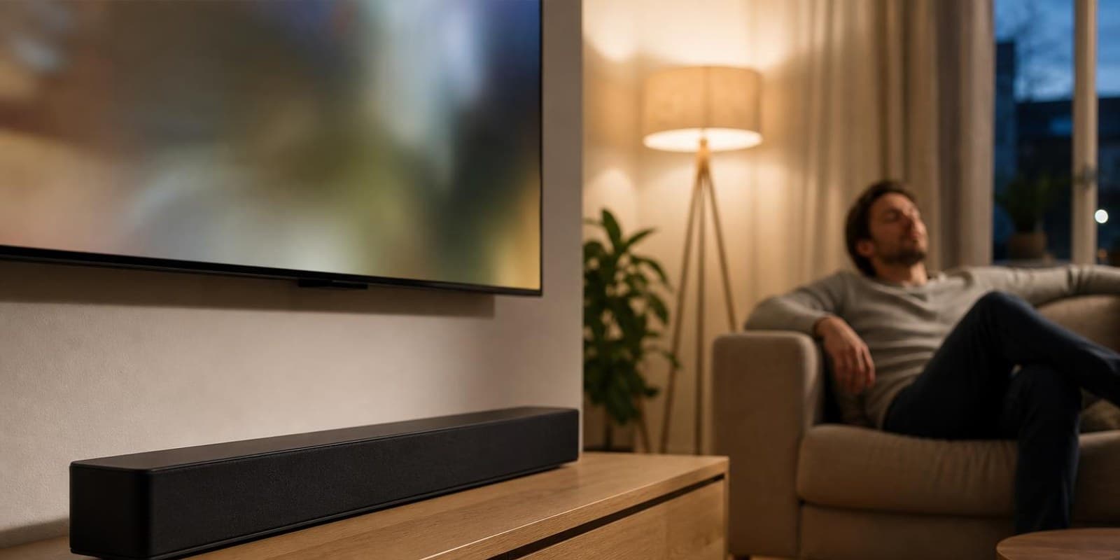 Schlanke Soundbar unter einem Fernseher im Wohnzimmer, eine Person hoert entspannt zu.