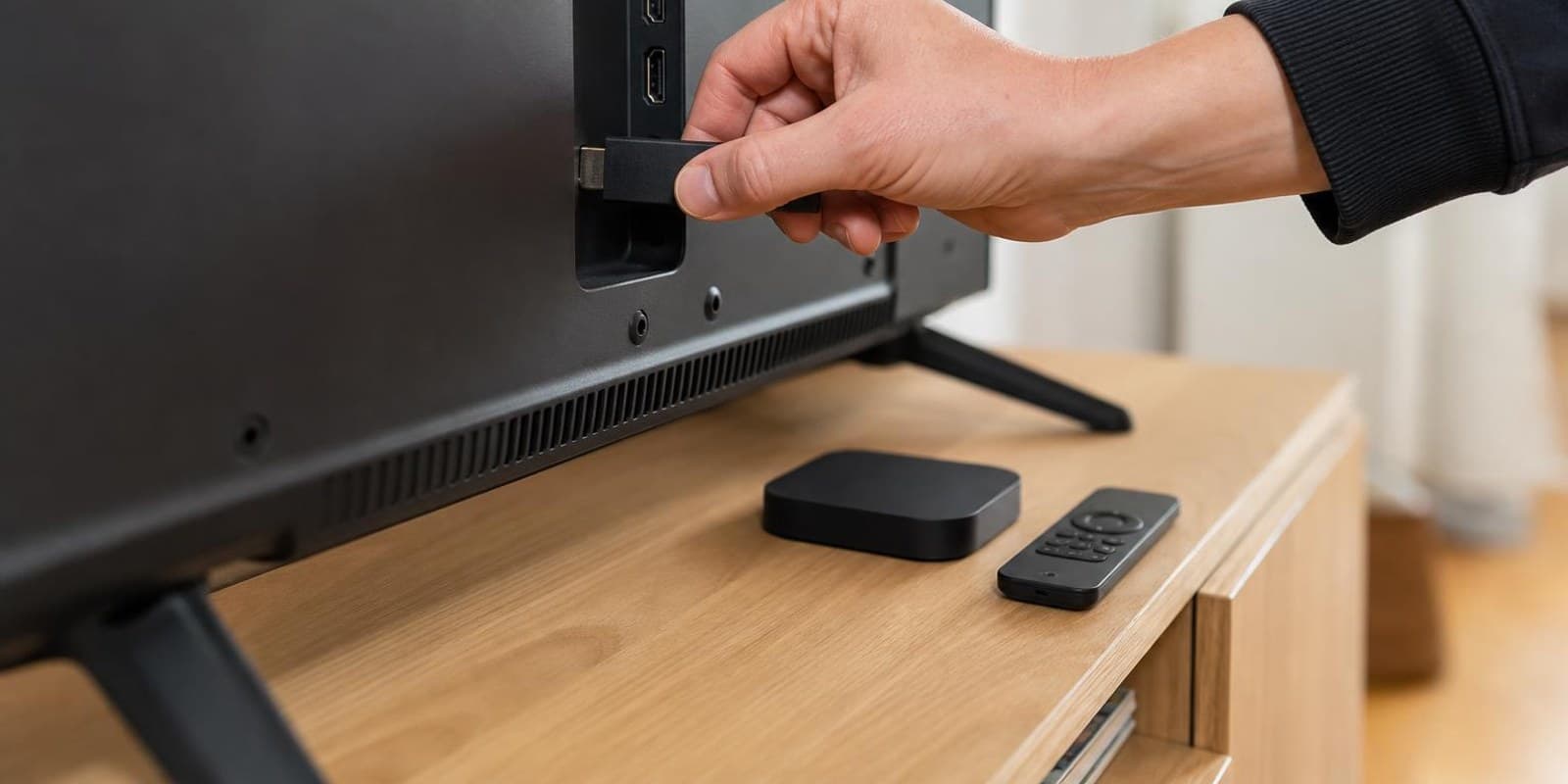 Hand steckt einen Streaming-Stick in den HDMI-Anschluss eines Fernsehers.