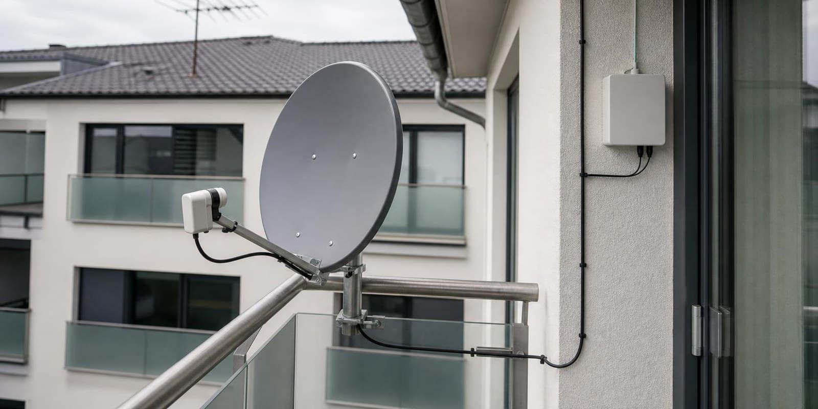Satellitenschuessel am Balkongelaender mit Koaxkabel zur Wand, im Hintergrund eine Dachantenne.