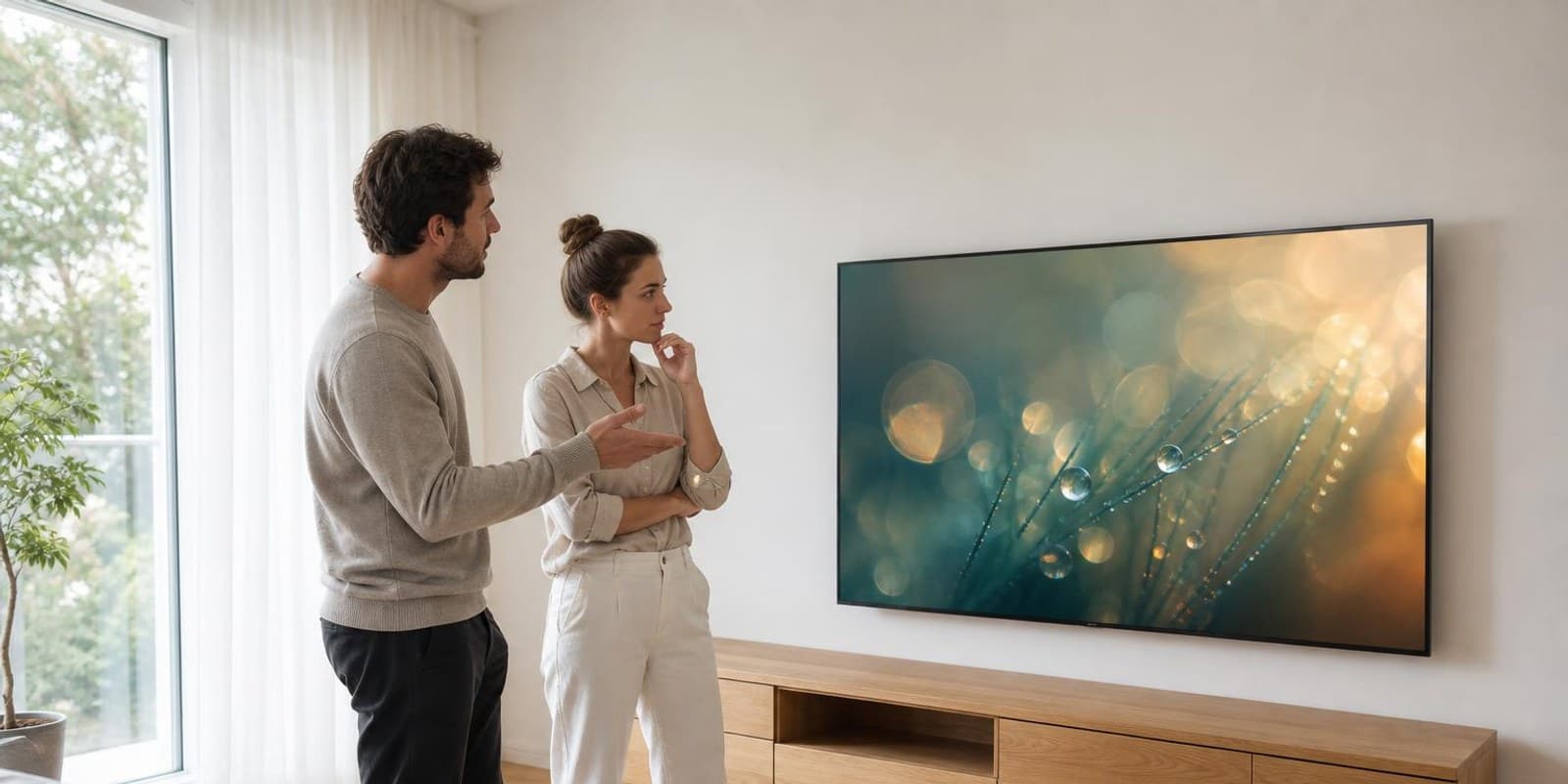 Paar steht ueberlegend vor einem grossen Fernseher im Wohnzimmer.