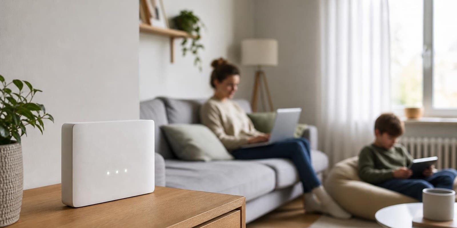Weisser Router steht frei auf dem Sideboard eines hellen Wohnzimmers.