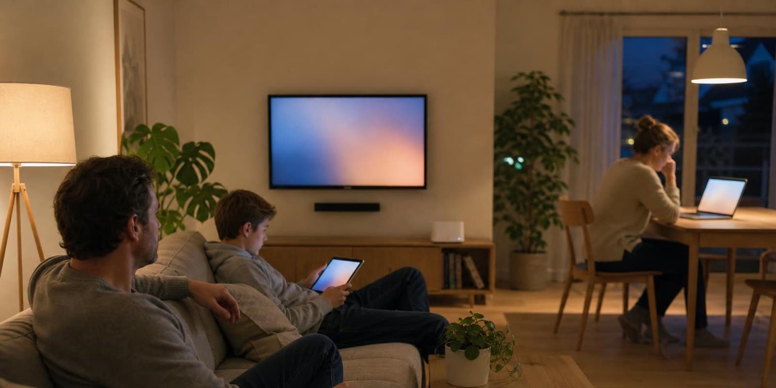 Abends im Wohnzimmer laufen Fernseher, Laptop-Videocall und Tablet gleichzeitig, der Router steht im Regal.