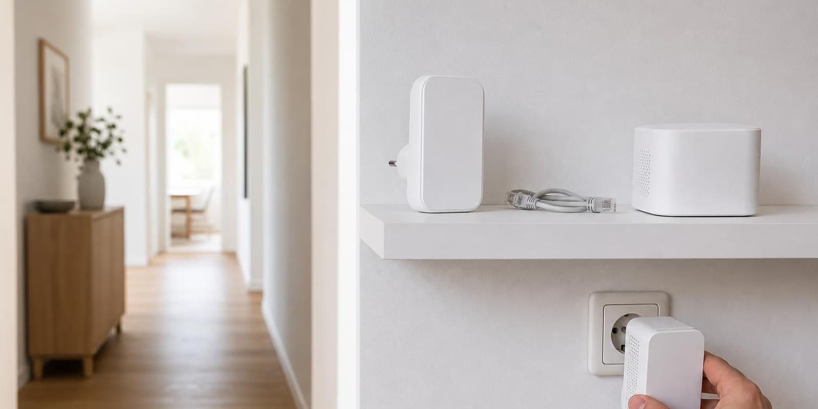 Eine Hand steckt einen Powerline-Adapter in die Flursteckdose, darueber stehen Repeater und Mesh-Knoten.