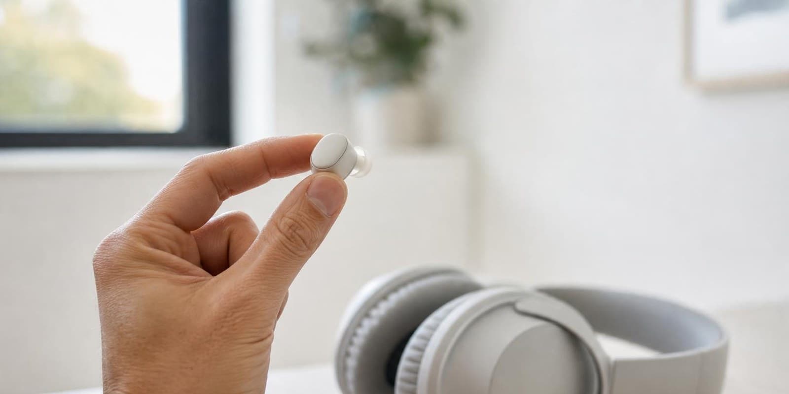 Hand haelt einen kleinen In-Ear-Stoepsel ueber grossen Over-Ear-Kopfhoerern zum Vergleich.