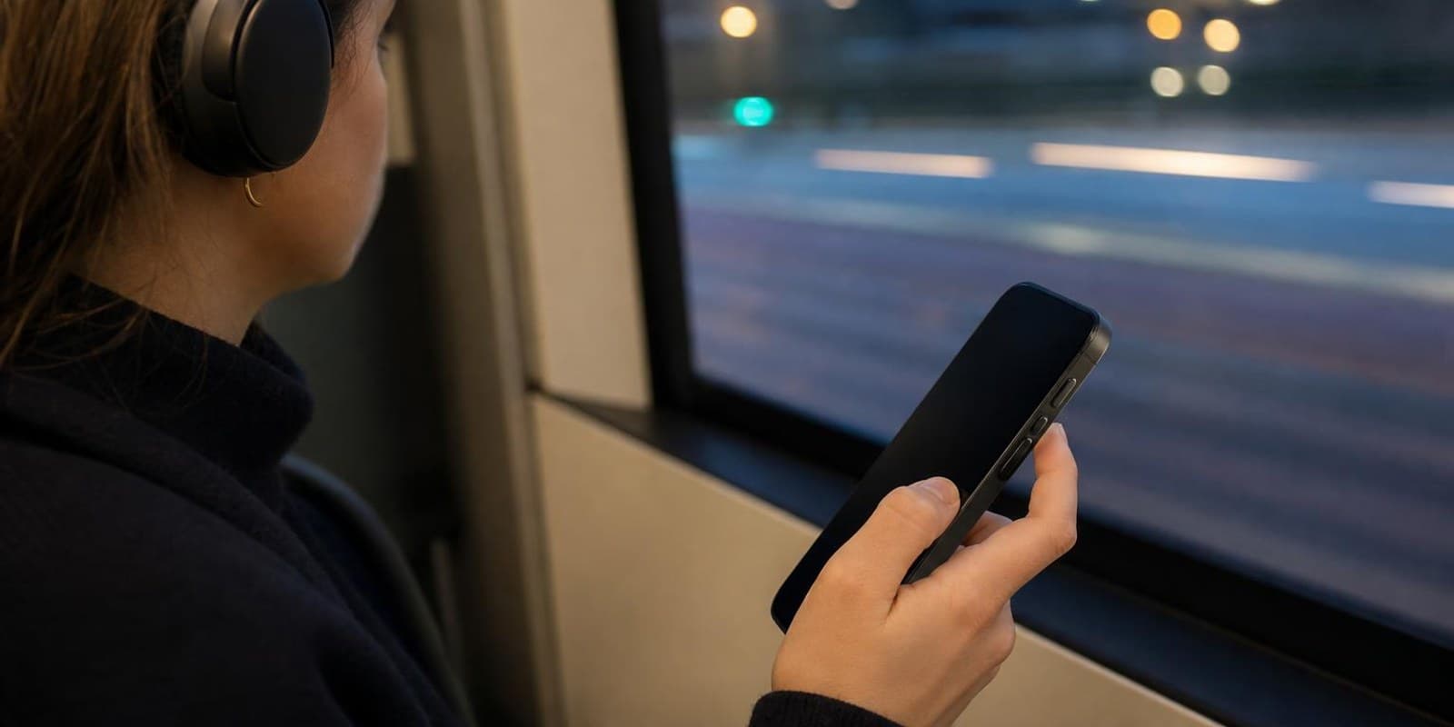 Junge Frau mit Kopfhoerern in der Bahn haelt den Daumen ueber dem Lautstaerkeregler ihres Handys.