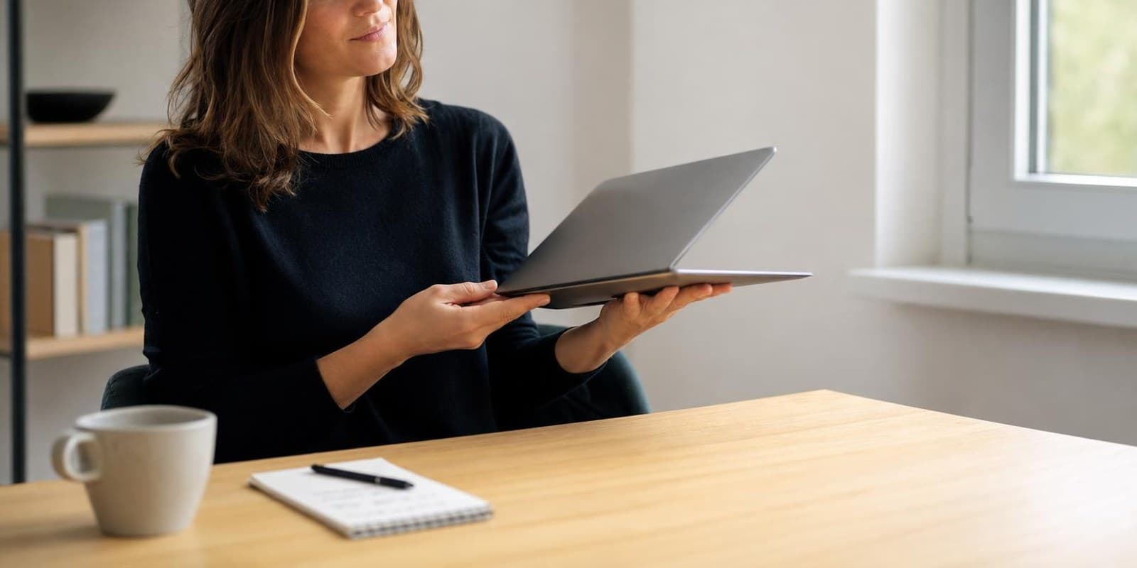 Eine Frau wiegt nachdenklich einen flachen Laptop in den Haenden, daneben liegt ein Notizblock.